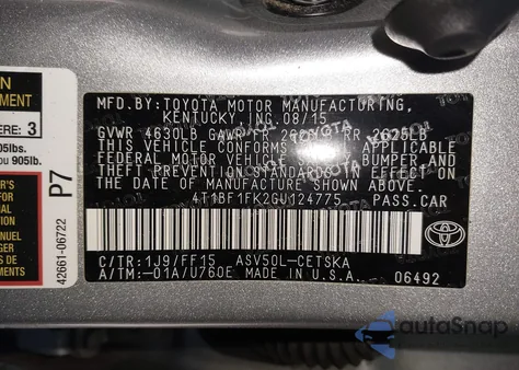 2016 Toyota Camry Se z USA, uszkodzony, nr VIN 4T1BF1FK2GU124775